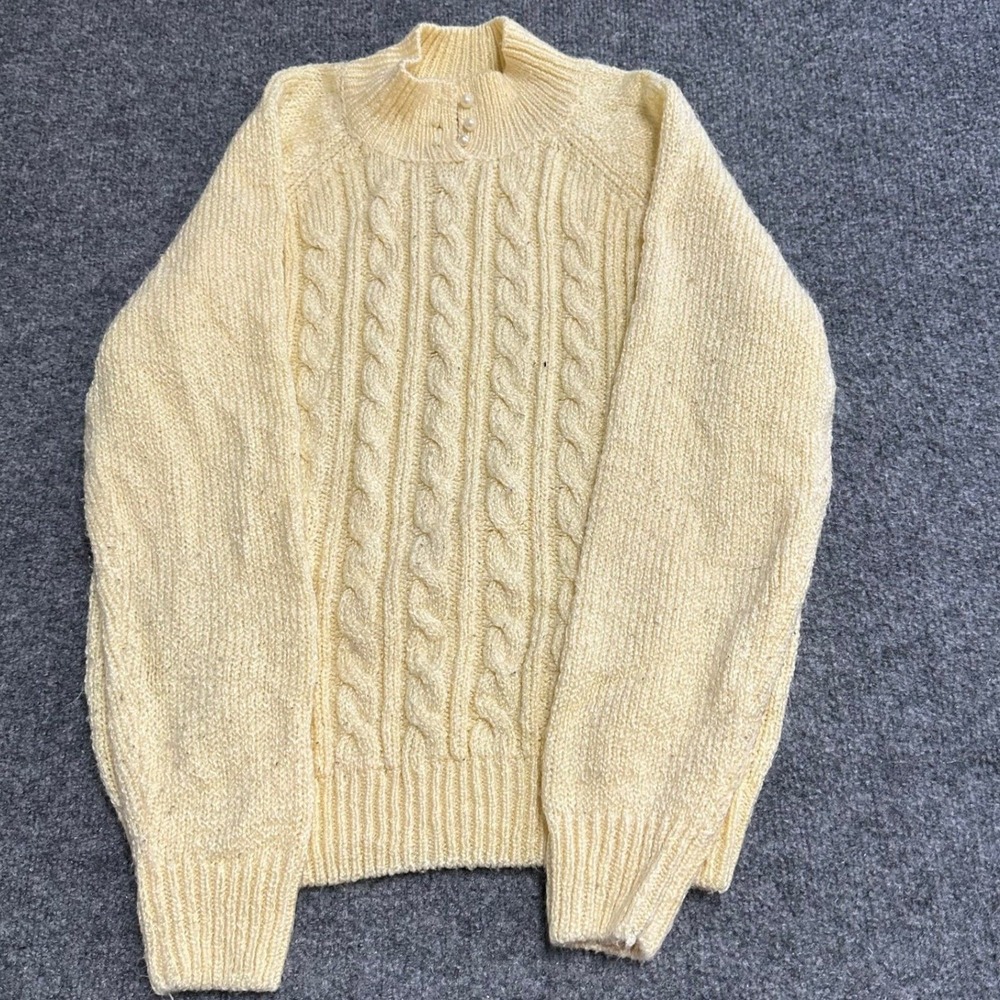 Unbranded Sweater Womens Size S Yellow Cable Knit Mock Neck Pearl Button Vintage